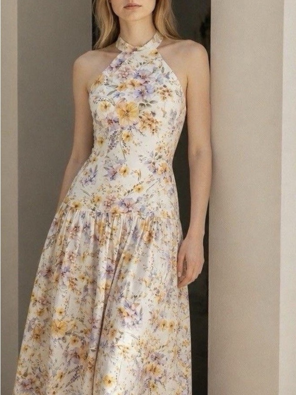 Aqua Blue NWT Floral Halter Midi Dress in Cream and Yellow